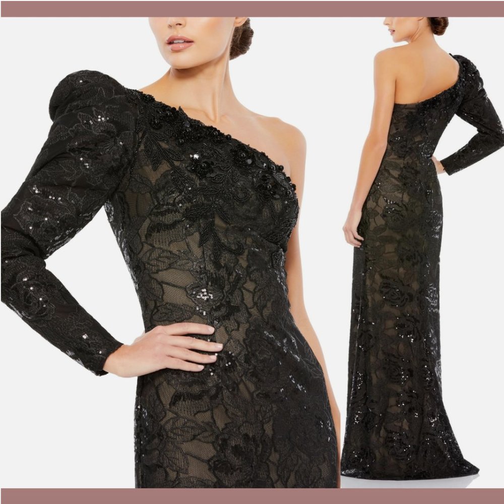 NWT $698 Mac Duggal [ 8 ] Embellished One Puff Sleeve Trumpet Gown in Black Q582